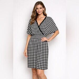 Vince Camuto Houndstooth Faux Wrap Dress Size 8 Dolman Sleeve Black White Office